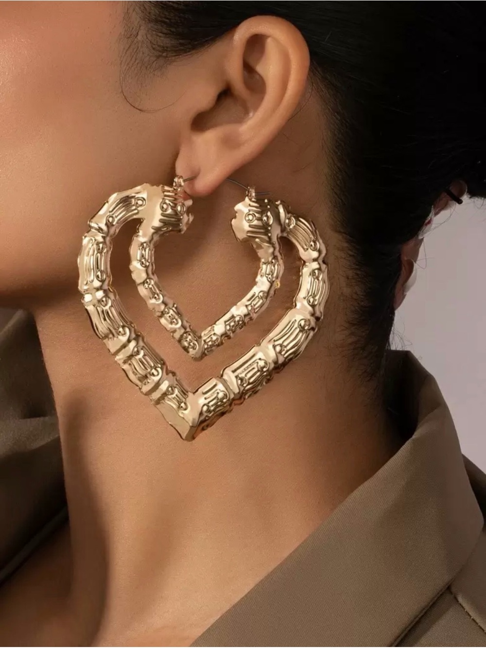 New Arrivals! Gold Heart Bamboo-Textured Hoop Earrings .